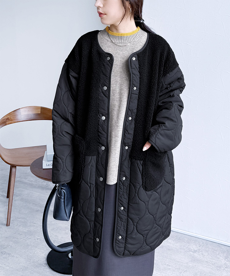 ノーカラーボア×ひょうたんキルトコート