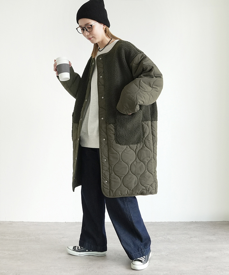 ノーカラーボア×ひょうたんキルトコート