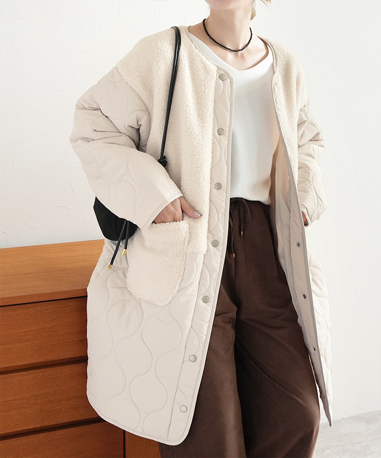 ノーカラーボア×ひょうたんキルトコート
