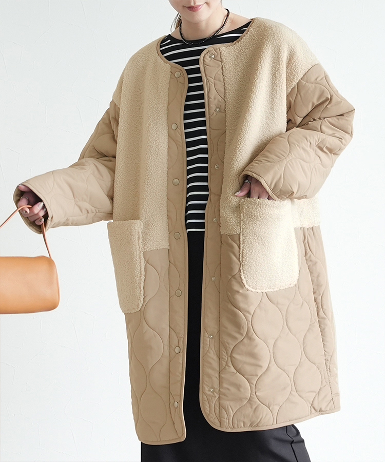 ノーカラーボア×ひょうたんキルトコート