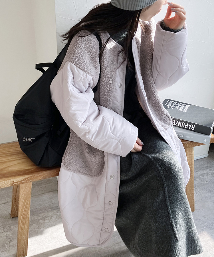 ノーカラーボア×ひょうたんキルトコート