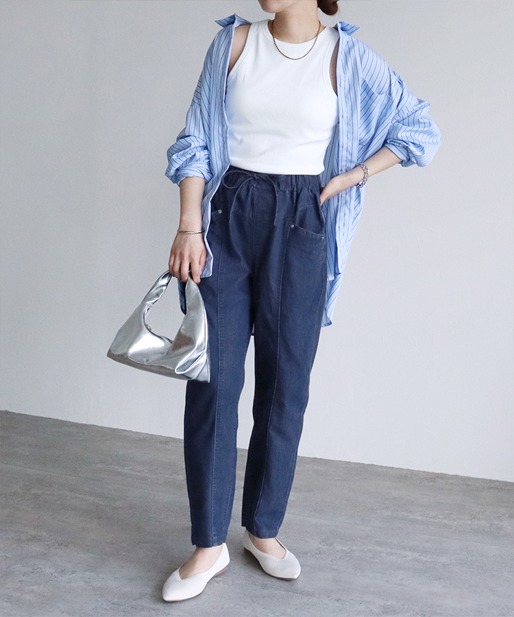 ウエストゴムリラックステーパードデニムパンツ