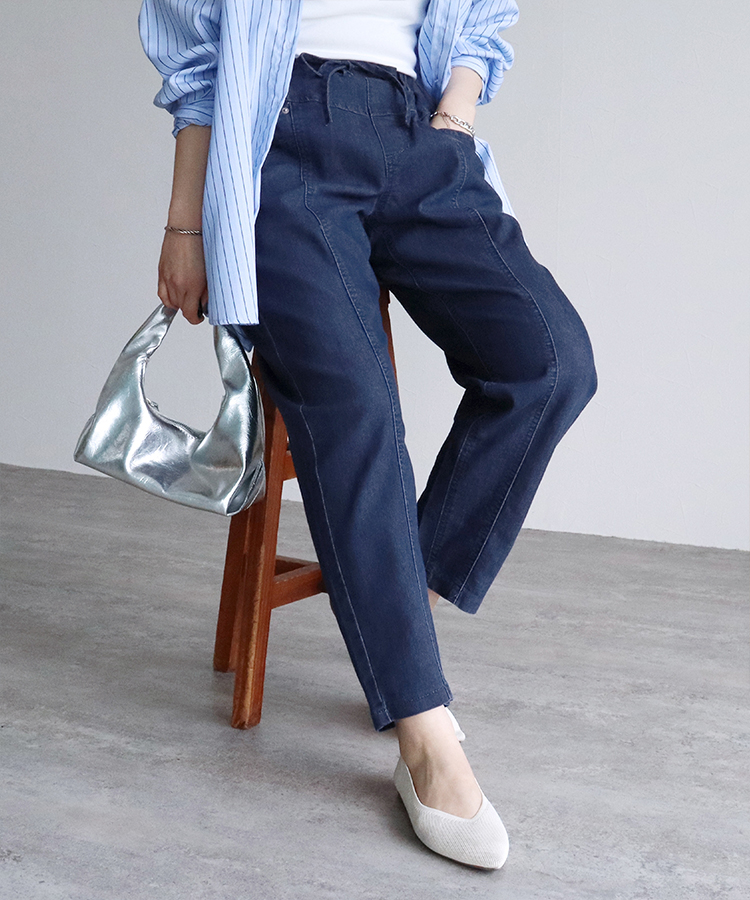 ウエストゴムリラックステーパードデニムパンツ