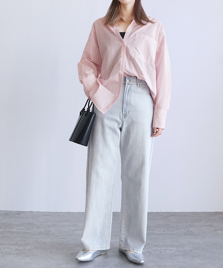 飾り釦付き裏ゴムストレートデニムパンツ