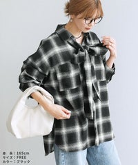 ボウタイ付きチェック柄オーバーサイズシャツ(p246542set) reca レカ メール便発送10 - サムネイル11