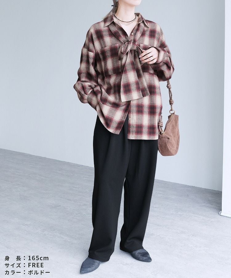 ボウタイ付きチェック柄オーバーサイズシャツ(p246542set) reca レカ