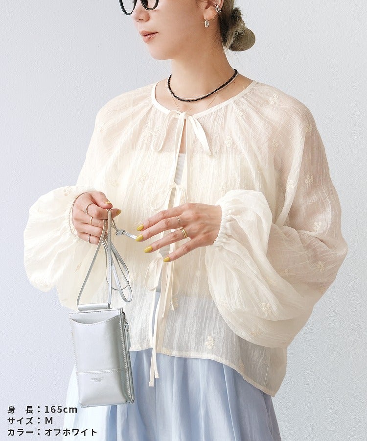 前後2WAY花柄刺繍ボリュームスリーブリボンシアーブラウス(bel-z-33328