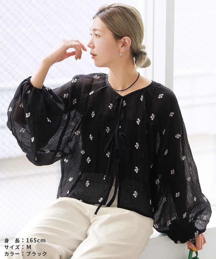 前後2WAY花柄刺繍ボリュームスリーブリボンシアーブラウス(bel-z-33328