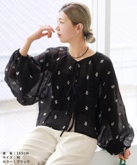 前後2WAY花柄刺繍ボリュームスリーブリボンシアーブラウス(bel-z-33328) メール便発送10 - サムネイル14