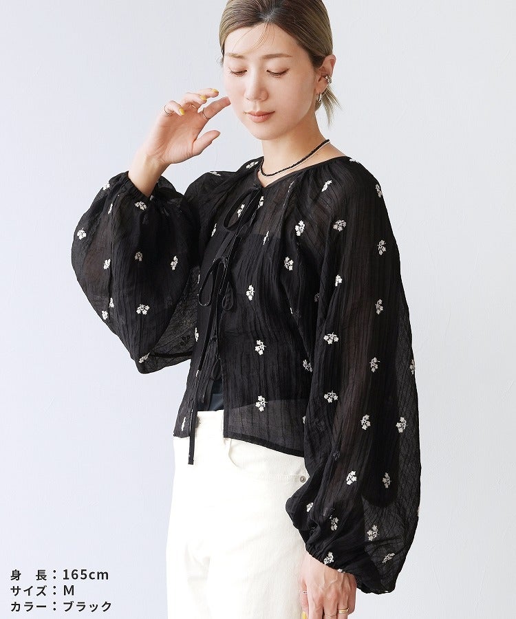 前後2WAY花柄刺繍ボリュームスリーブリボンシアーブラウス(bel-z-33328
